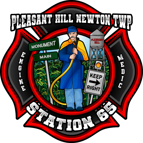Illustration of a firefighter in blue uniform holding a hose, with a water tower labeled "Pleasant Hill" and a "Keep Right" sign in the background. Text around the image reads "Pleasant Hill Newton Twp Engine Main Medic Station 65.