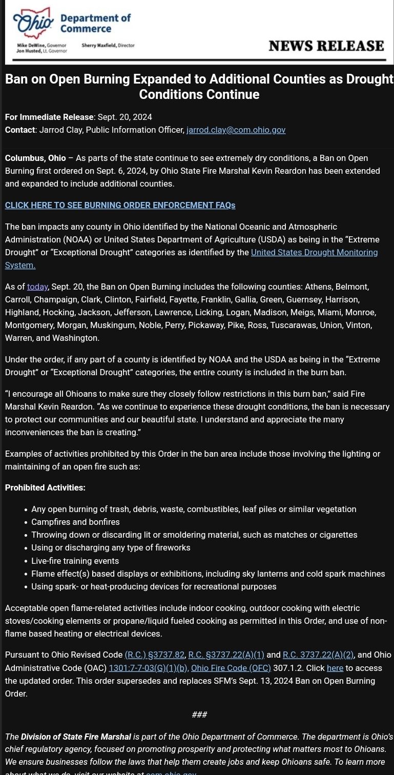 News release from the Ohio Department of Commerce announcing an expanded ban on open burning due to drought. The list of affected counties, enforcement details, and contact information are included.