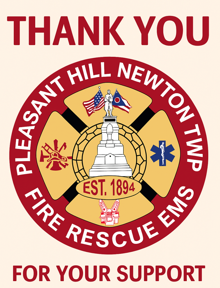 A logo with a statue, fire and EMS symbols, U.S. and Ohio flags. Text reads: “Pleasant Hill Newton Twp Fire Rescue EMS Est. 1894.” Above: “Heartfelt Thank You.” Below: “For Your Support.”.